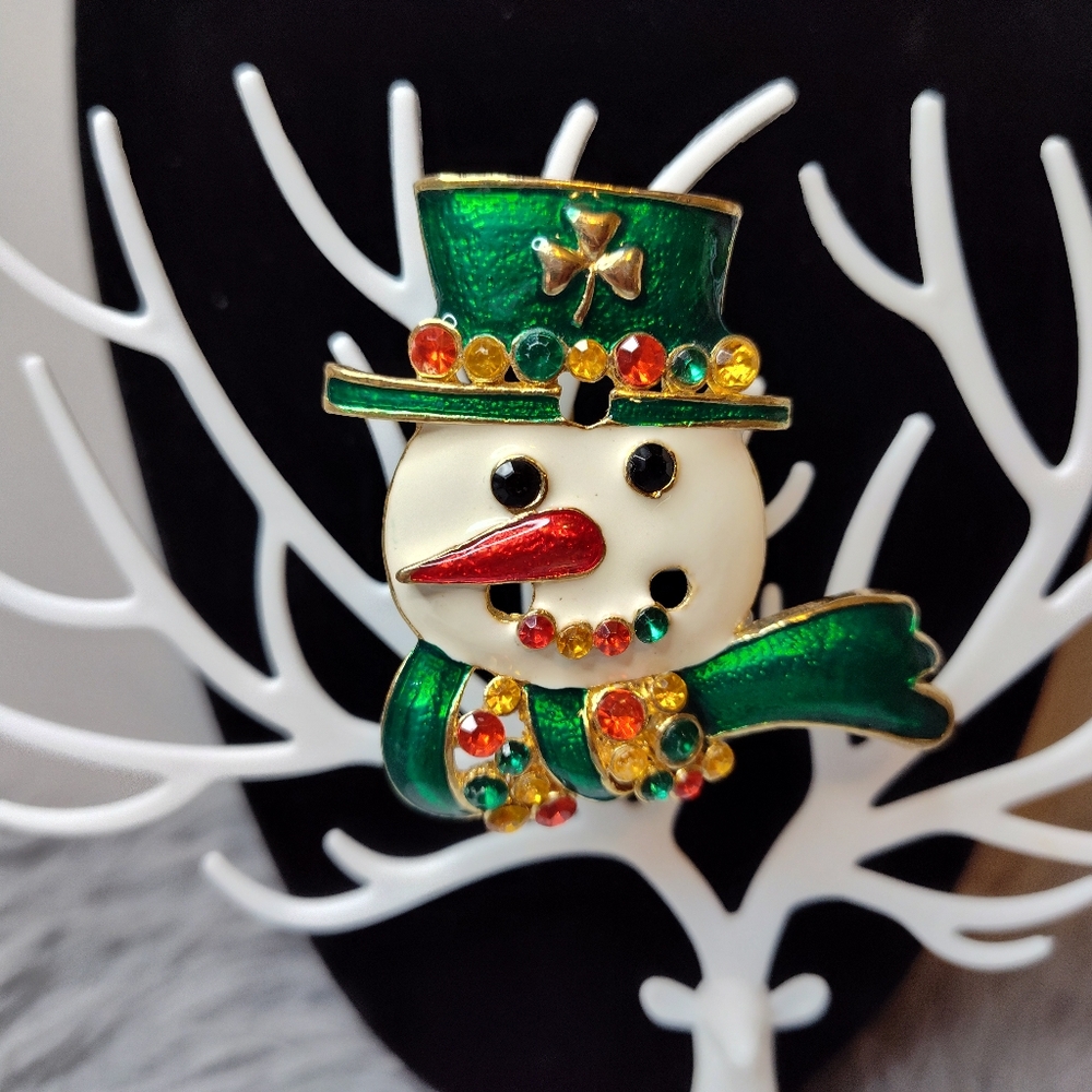 Vintage Snowman Lapel Stick Enameled Pin Brooch With Green Hat, Scarf Rhinestone